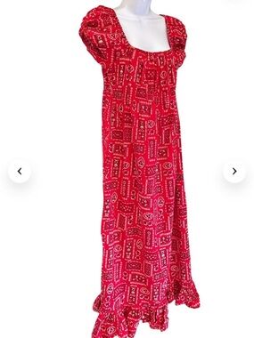 Vintage Red Bandana Print Ruffled Hem Maxi Dress Puff Sleeves Sz 14 Union Label